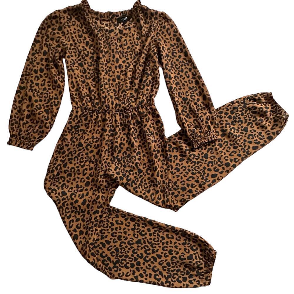 NWT Aqua Girls Long Sleeve Leopard Jumpsuit Small